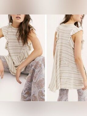 Free People Beige and White Striped Ruffle Tunic Size L. NWT